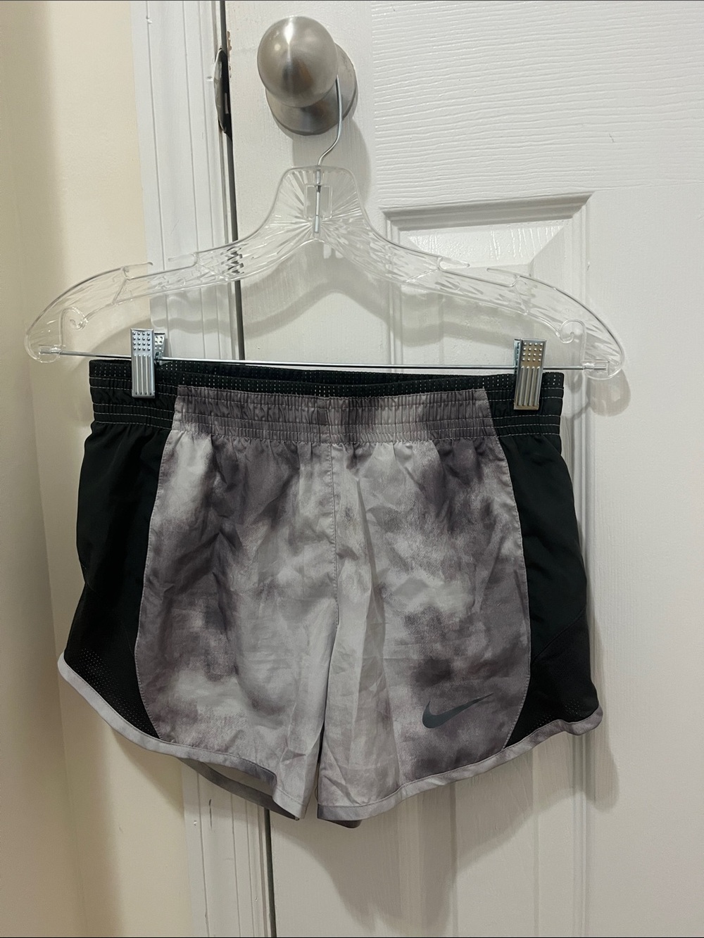 Nike Women's Black and Gray Tie-Dye Athletic Shorts